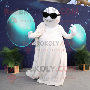 Cream Beluga Whale mascot costume character dressed with a Ball Gown and Sunglasses