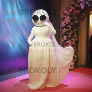 Cream Beluga Whale mascot costume character dressed with a Ball Gown and Sunglasses