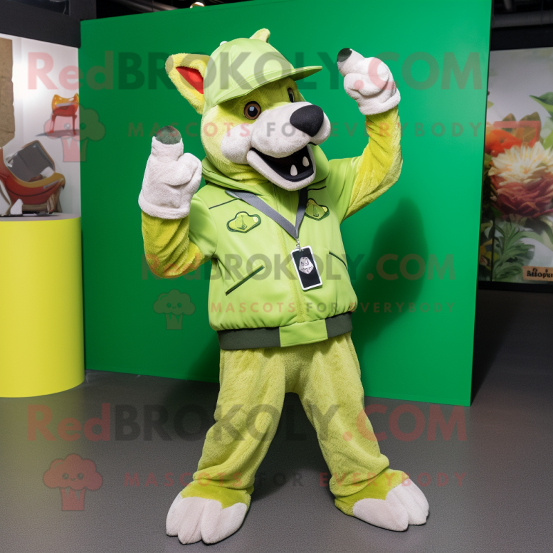 Lime Green Dingo mascot costume character dressed with a Jacket and Berets