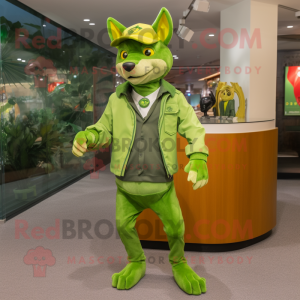 Lime Green Dingo mascot costume character dressed with a Jacket and Berets