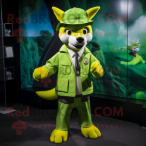 Lime Green Dingo mascot costume character dressed with a Jacket and Berets