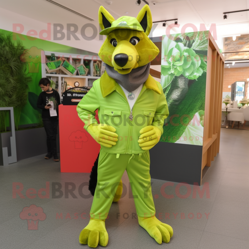 Lime Green Dingo mascot costume character dressed with a Jacket and Berets