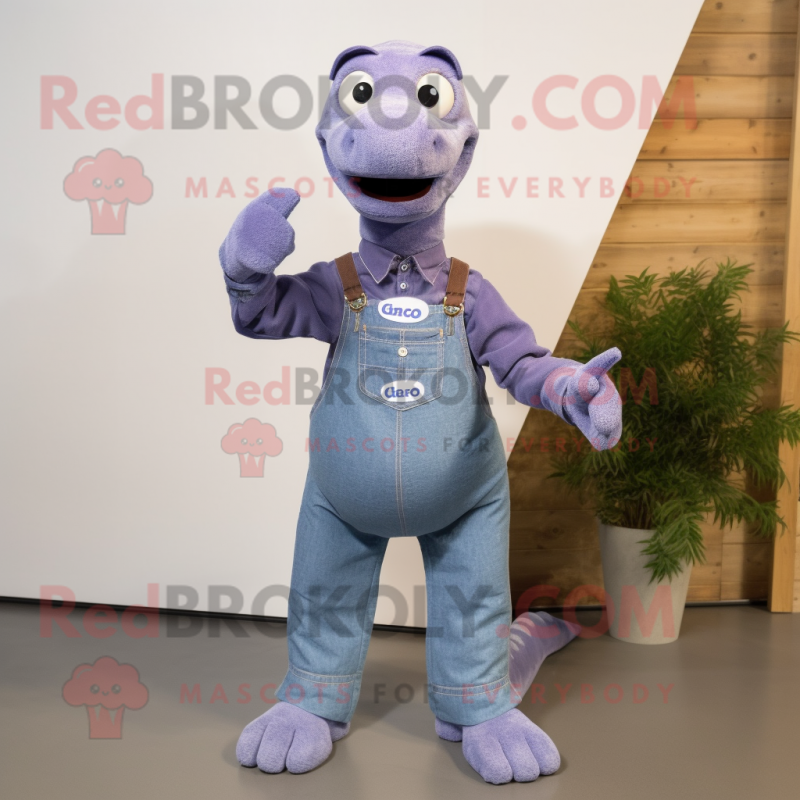 Lavender Diplodocus mascot costume character dressed with a Denim Shirt and Tie pins Lavender Diplodocus mascot costume character dressed with a Denim Shirt and Tie pins