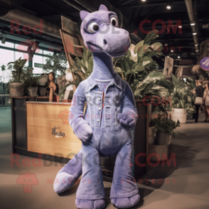 Lavender Diplodocus mascot costume character dressed with a Denim Shirt and Tie pins