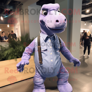 Lavender Diplodocus mascot costume character dressed with a Denim Shirt and Tie pins