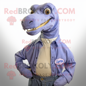 Lavender Diplodocus mascot costume character dressed with a Denim Shirt and Tie pins