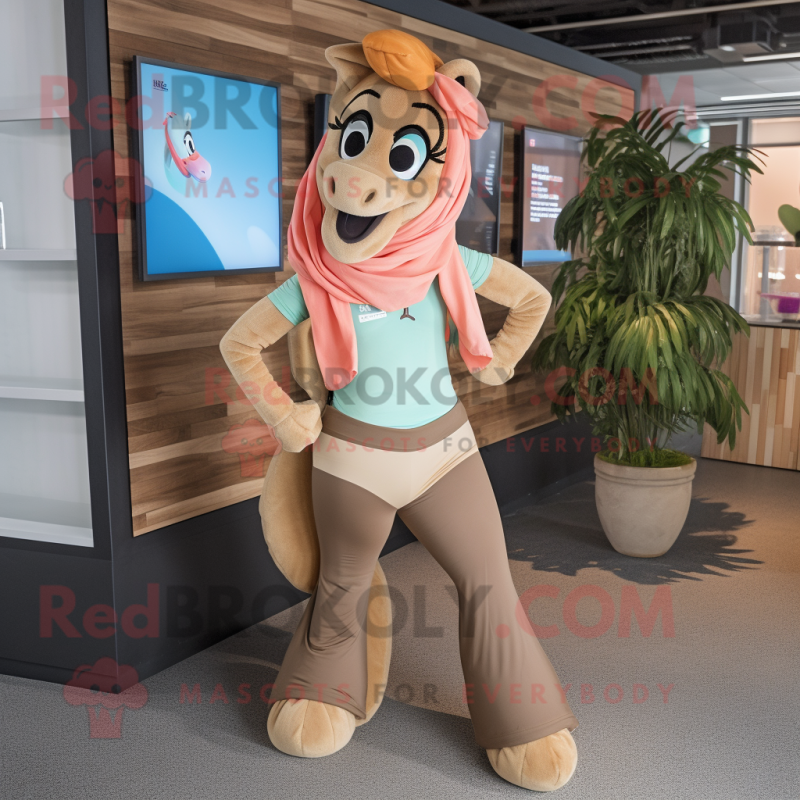 Tan Mare mascot costume character dressed with a Yoga Pants and Scarves Tan Mare mascot costume character dressed with a Yoga Pants and Scarves