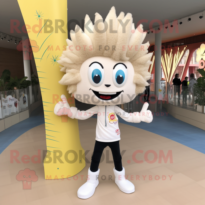 Cream But mascot costume character dressed with a Skinny Jeans and Hair clips