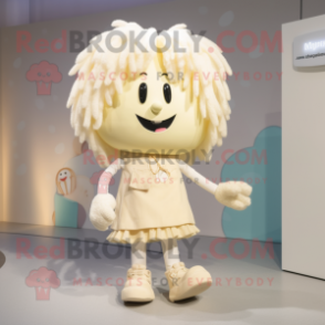 Cream But mascot costume character dressed with a Skinny Jeans and Hair clips