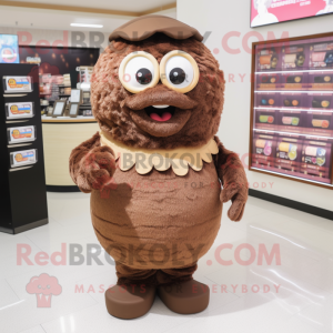 Brown Candy mascot costume character dressed with a A-Line Skirt and Reading glasses