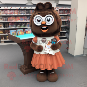 Brown Candy mascot costume character dressed with a A-Line Skirt and Reading glasses