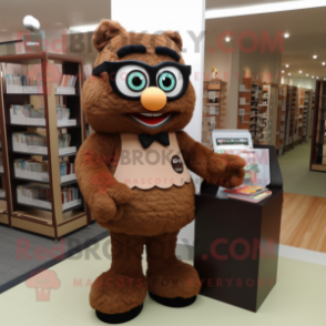 Brown Candy mascot costume character dressed with a A-Line Skirt and Reading glasses