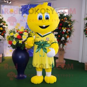 Lemon Yellow Bouquet Of Flowers mascot costume character dressed with a Rugby Shirt and Pocket squares