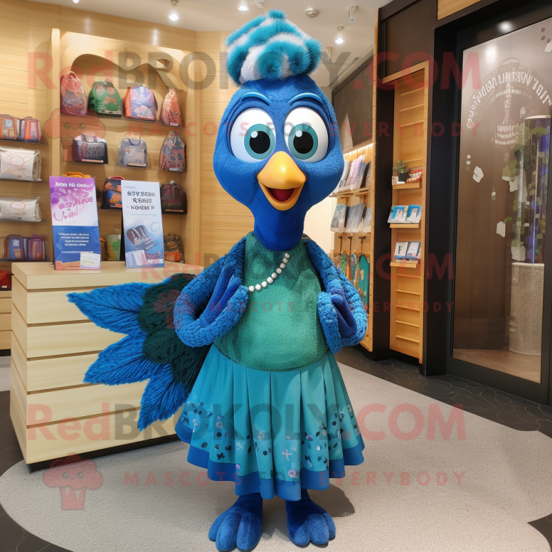 Blue Peacock mascot costume character dressed with a Wrap Dress and Tote bags