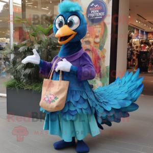 Blue Peacock mascot costume character dressed with a Wrap Dress and Tote bags