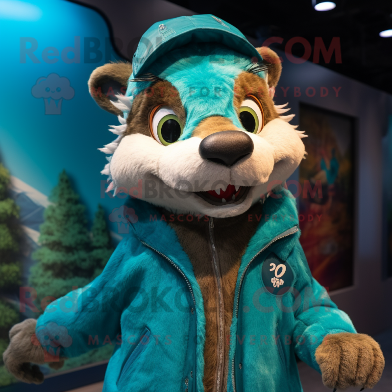 Turquoise Weasel mascot costume character dressed with a Parka and Hairpins