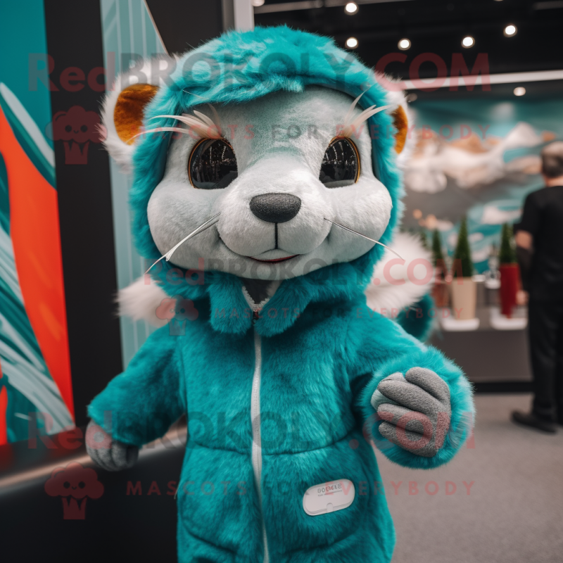 Turquoise Weasel mascot costume character dressed with a Parka and Hairpins Turquoise Weasel mascot costume character dressed with a Parka and Hairpins
