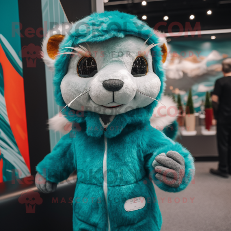 Turquoise Weasel mascot costume character dressed with a Parka and Hairpins