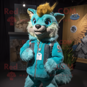Turquoise Weasel mascot costume character dressed with a Parka and Hairpins