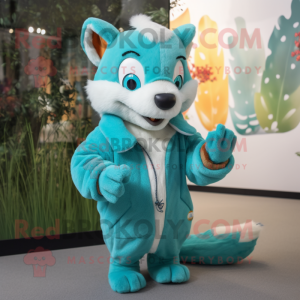 Turquoise Weasel mascot costume character dressed with a Parka and Hairpins