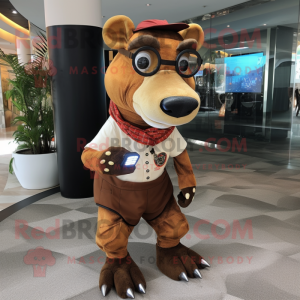 Rust Tapir mascot costume character dressed with a Circle Skirt and Eyeglasses