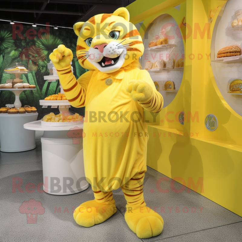 Lemon Yellow Tiger mascot costume character dressed with a Empire Waist Dress and Earrings