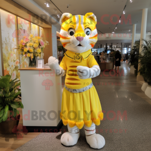 Lemon Yellow Tiger mascot costume character dressed with a Empire Waist Dress and Earrings