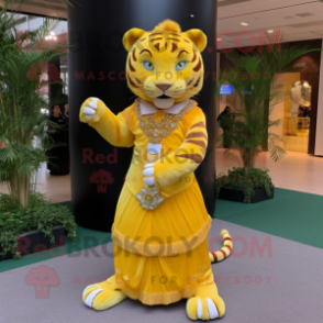 Lemon Yellow Tiger mascot costume character dressed with a Empire Waist Dress and Earrings