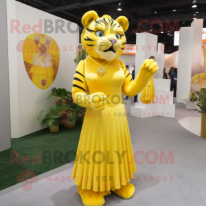 Lemon Yellow Tiger mascot costume character dressed with a Empire Waist Dress and Earrings