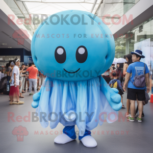 Sky Blue Jellyfish mascot costume character dressed with a Poplin Shirt and Rings
