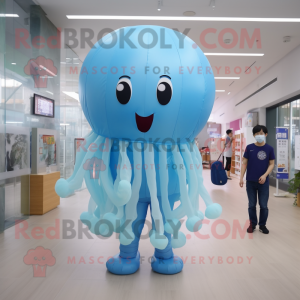 Sky Blue Jellyfish mascot costume character dressed with a Poplin Shirt and Rings
