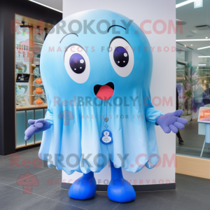 Sky Blue Jellyfish mascot costume character dressed with a Poplin Shirt and Rings