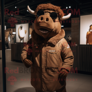 Brown Bull mascot costume character dressed with a Parka and Caps