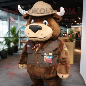 Brown Bull mascot costume character dressed with a Parka and Caps