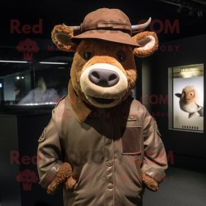 Brown Bull mascot costume character dressed with a Parka and Caps