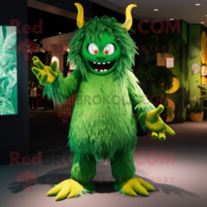 Forest Green Demon mascot costume character dressed with a Culottes and Hairpins