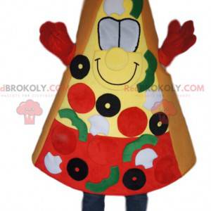 Pizza slice mascot with olives, tomatoes and peppers -