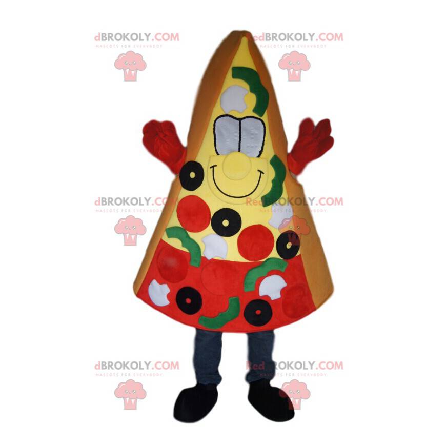 Mascota de rebanada de pizza con aceitunas, tomates y pimientos