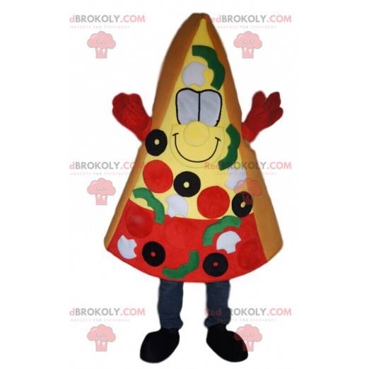 Pizza slice mascot with olives, tomatoes and peppers -