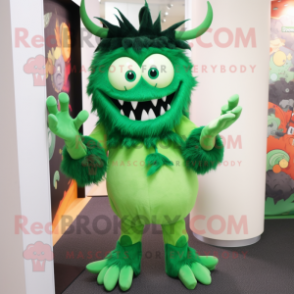 Forest Green Demon mascot costume character dressed with a Culottes and Hairpins