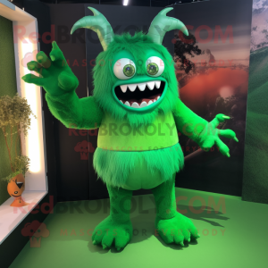 Forest Green Demon mascot costume character dressed with a Culottes and Hairpins