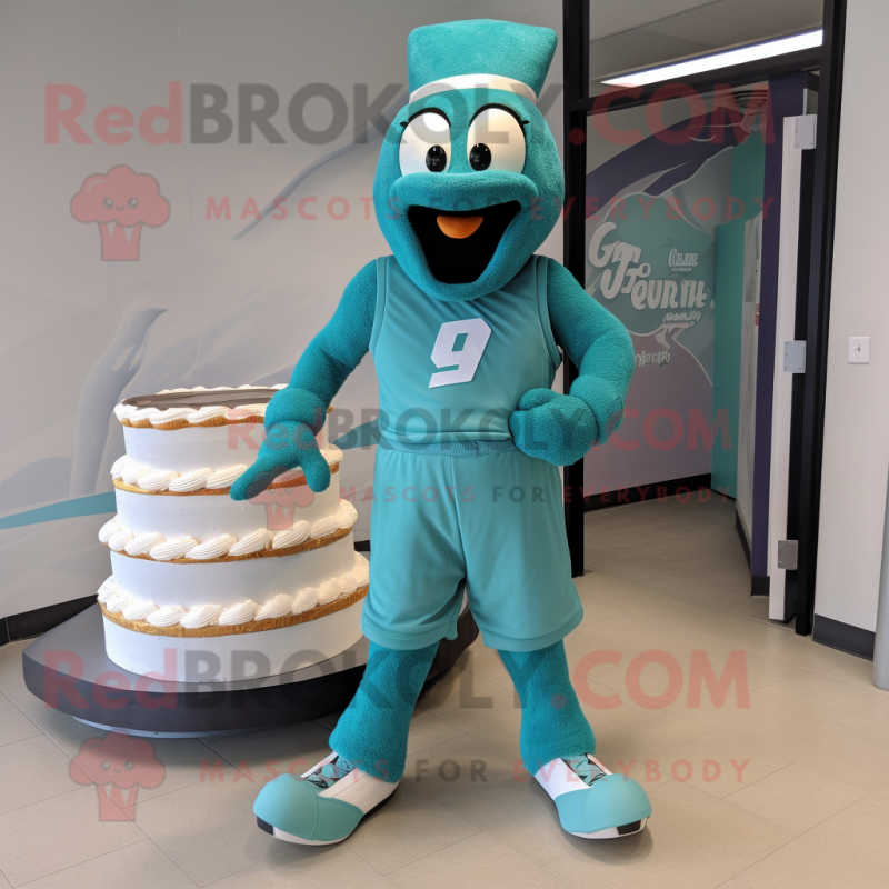 Teal Wedding Cake mascot costume character dressed with a Running Shorts and Shoe clips