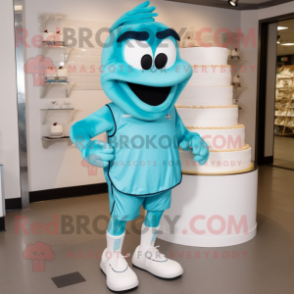 Teal Wedding Cake mascot costume character dressed with a Running Shorts and Shoe clips