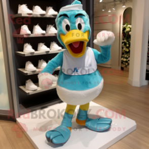Teal Wedding Cake mascot costume character dressed with a Running Shorts and Shoe clips