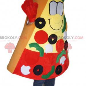 Pizza slice mascot with olives, tomatoes and peppers -