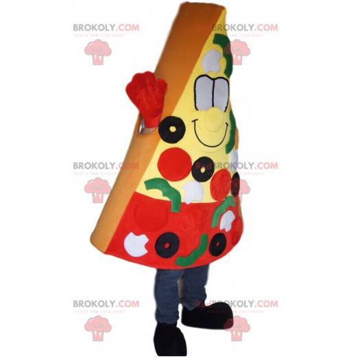 Mascota de rebanada de pizza con aceitunas, tomates y pimientos
