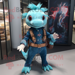 Turquoise Axolotls mascot costume character dressed with a Flare Jeans and Belts