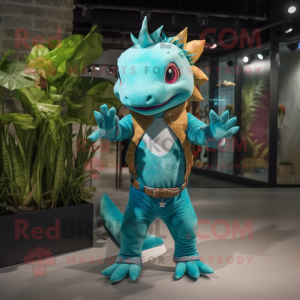 Turquoise Axolotls mascot costume character dressed with a Flare Jeans and Belts