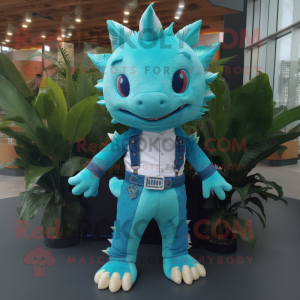 Turquoise Axolotls mascot costume character dressed with a Flare Jeans and Belts