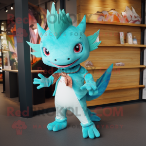 Turquoise Axolotls mascot costume character dressed with a Flare Jeans and Belts